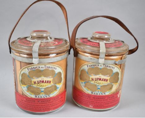 A Pair of Vintage Cylindrical Cigar Cases for 50 Petit Coronas by H Upmann, 21cm High 
