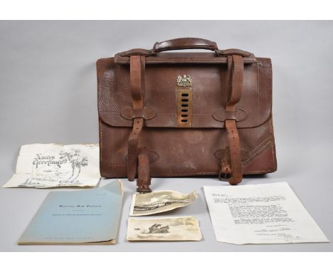 A Vintage Leather Document Case with Royal Crest Containing Air Force Notebook, Photographs, Letters etc 