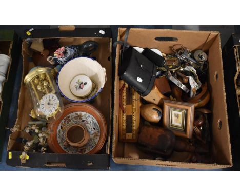 Two Boxes of Sundries to Include Pillar Clock, Bowls, Cribbage Board, Tape Measure etc 