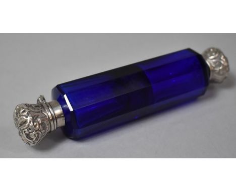 A Silver Mounted Double Ended Scent Flask in Cobalt Blue Glass, Missing Inner Stopper, 12cm long 