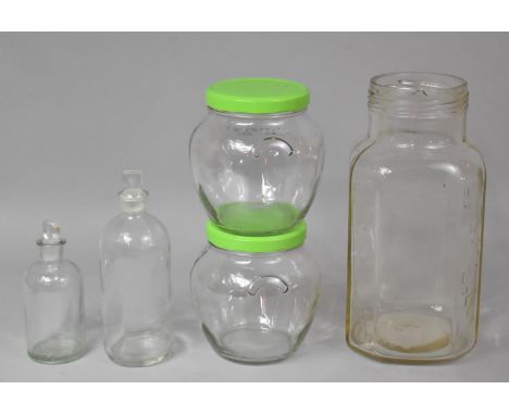 A Vintage Glass Hollands Toffee 'Best on Earth' Jar (No Lid) Together with Two Other Example and Two Chemists Bottles 