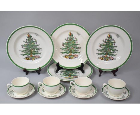 A Collection of Spode Christmas Tree Pattern China to Comprise Four Large Plates, Four Cups and Four Saucers 