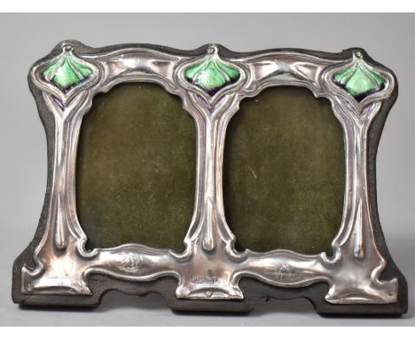 A Reproduction Miniature Art Nouveau Style Double Silver and Enamel Photo Frame, 11cm Wide 