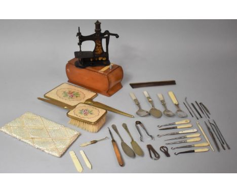 A Vintage Tin Plate Sewing Machine, Dressing Table Mirror, Comb and Brush, Wooden Box Containing Manicure and Sack Needle Ite