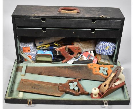 A Vintage Wooden Carpenters Toolbox Containing Tools, 68.5cm wide 