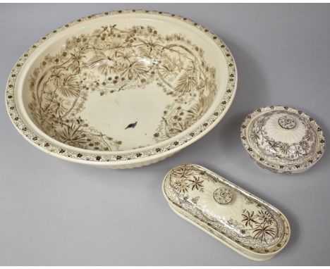 Three Pieces of Early 20th Century Wileman Palm Pattern Toilet Wares to Comprise Bowl, Lidded Pots 