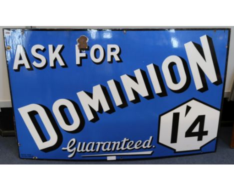 A large tin enamel advertising sign for Dominion Petrol