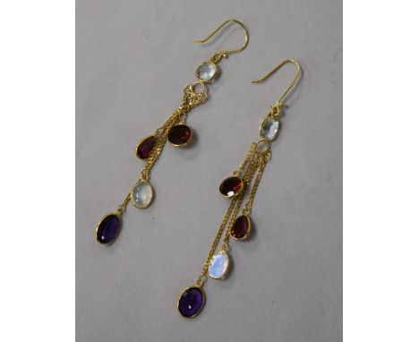 A pair of 14ct gold garnet, moonstone and amethyst drop earrings, 5cm.