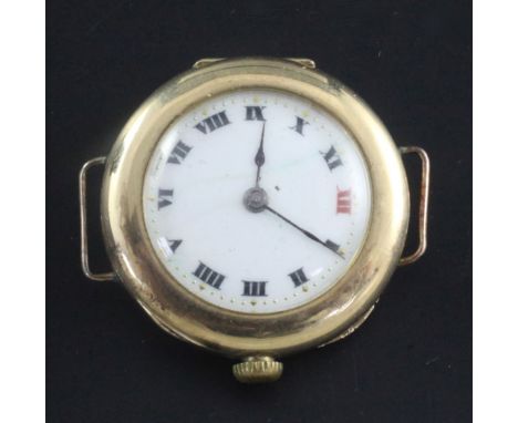 A gentleman's early 20th century 15ct gold Rolex manual wind wrist watch, with Roman dial and red twelve, no strap.