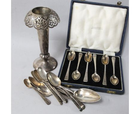 A pierced silver specimen vase (weighted), a set of 6 coffee spoons, cased and sundry silver flatware.