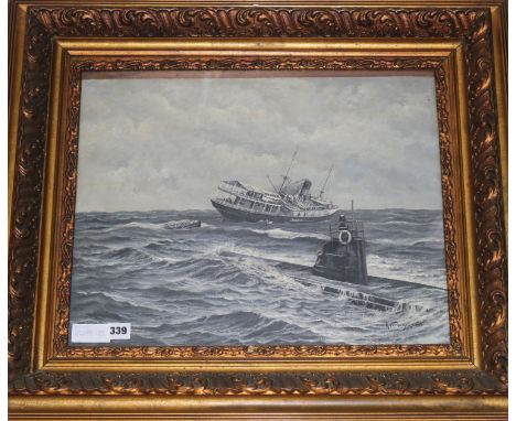 R. Verdage L...oil on canvasU boat and torpedoed shipsigned40 x 50cm.