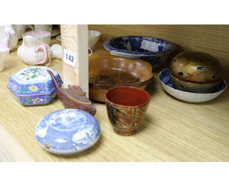 A Chinese blue and white seal paste box and cover, and other Oriental items