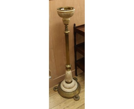 A late Victorian ornate brass and ceramic lamp standard H.130cm