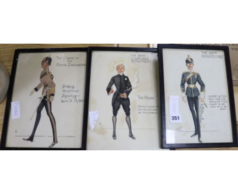 LKink and watercolour3 military caricatures, Royal Engineers, ASC and Army Chaplinslargest 11.5 x 8.5in.
