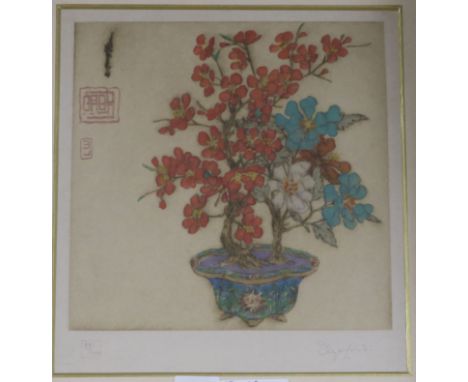 Elyse Ashe Lord (1970-1971), etching and aquatint, flowering bonsai in a decorative planter, signed and numbered 99/100 in pe