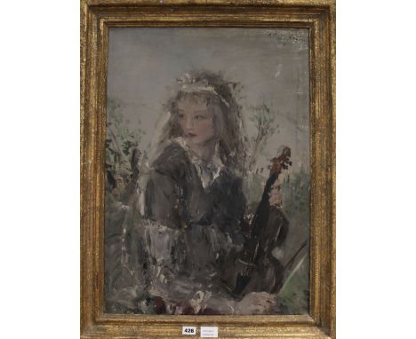 20th century English School, oil on canvas, Portrait of a girl holding a violin, indistinctly signed, 27 x 19ins