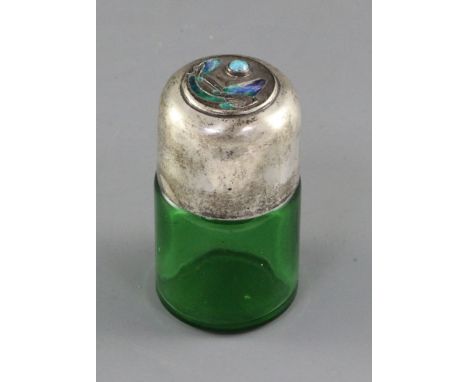 An Edwardian Art Nouveau Liberty & Co. Cymric silver and enamel mounted green glass salts bottle with stopper, the domed top 