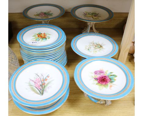 A Royal Worcester botanical dessert service, comprising 18 plates and three pairs of graduated tazzas, all with blue borders 