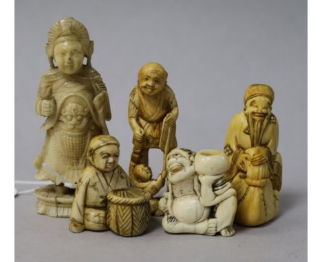Four Japanese ivory netsuke or okimono and a Chinese ivory figure, 19th century