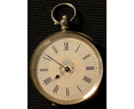 A French silver lady?s open face pocket watch, white enamel dial, Roman numerals, central painted floral garland, the case ch