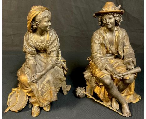 A pair of 19th century French spelter clock garnitures, modelled as peasant musicians, the highest approx. 27cm high 