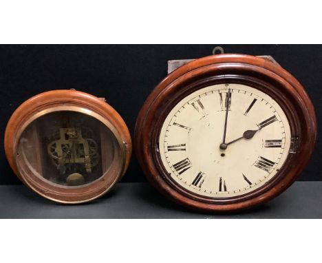 A 19th century mahogany circular school clock, Roman numerals, 49cm diameter; another, smaller, case and movement (2) 