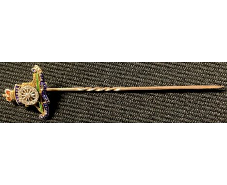 A Victorian 9ct gold Royal Artillery enamel and diamond set stickpin, boxed 