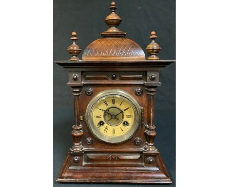A late 19th century German mahogany architectural mantel clock, 8 day movement, striking on a gong, 40cm high 