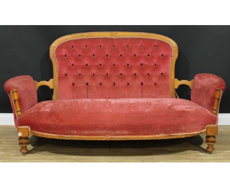 A Victorian salon or drawing room sofa, deep-button back, stuffed-over upholstery, 96cm high, 191cm wide, the seat 156cm wide