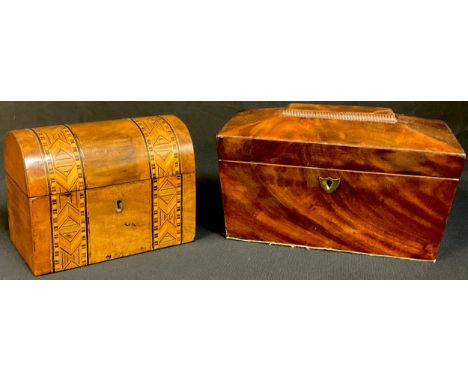 A Victorian walnut marquetry inlaid tea caddy, domed cover, 17cm wide; an early 19th century mahogany sarcophagus shaped tea 