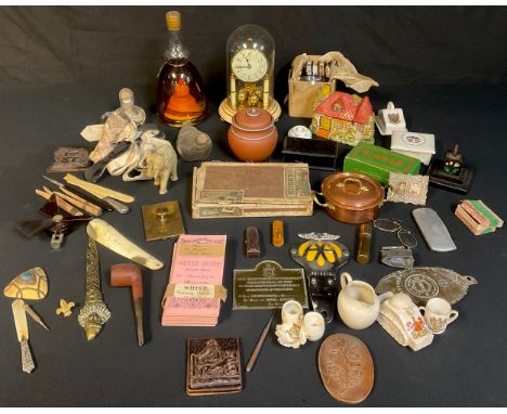 Boxes and Objects - Pathe film reels; an AA badge; a Paico torsion clock; a crested china WWI tank; a brass ink blotter; scou