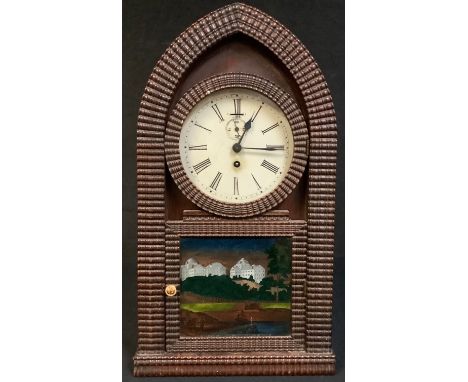 An American mahogany lancet wall clock, moulded case, glass panel depicting McClean Asylum, Somerville, Mass., internal label