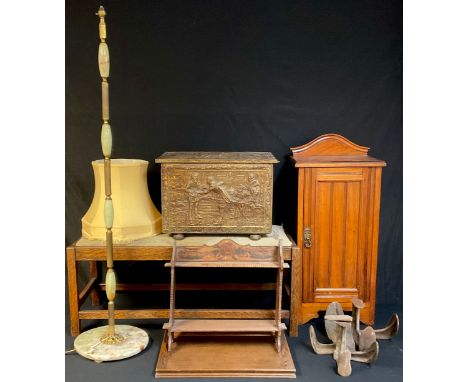 An early 20th century oak stool, tapestry seat;  an Edwardian side cabinet, c.1910;  a poker work book shelf;  shoe lasts;  o