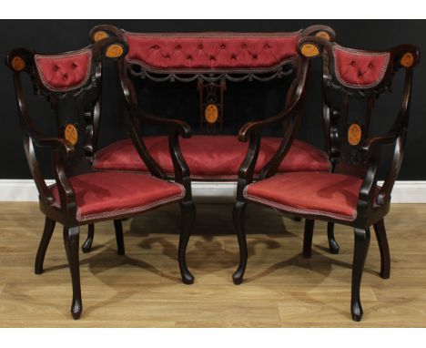 An Edwardian three-piece salon suite or drawing room suite, comprising a sofa, 98cm high, 119cm wide, the seat 103cm wide and