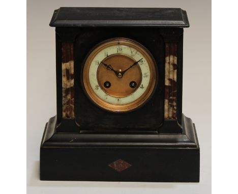 A black slate and rouge marble architectural mantel clock, 23.5cm high, 23.5cm wide, 13.5cm deep 