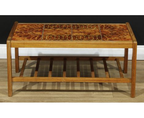 A retro mid-20th century teak tile top coffee table, the tiles in the manner of Poul Hermann Poulsen, slatted undertier, 40cm