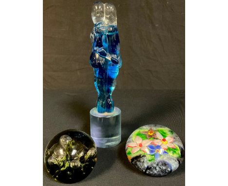 A Murano glass figure sculpture, signed; a Caithness paperweight; another 