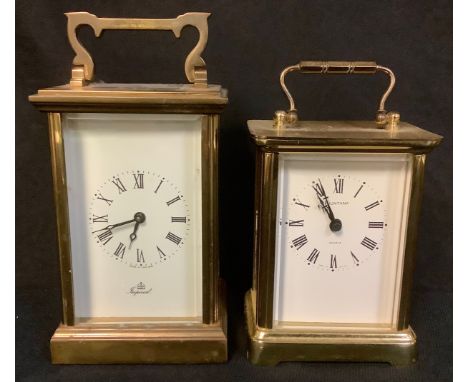 A lacquered brass five panel carriage clock, Imperial; another battery operated brass carriage clock (2) 
