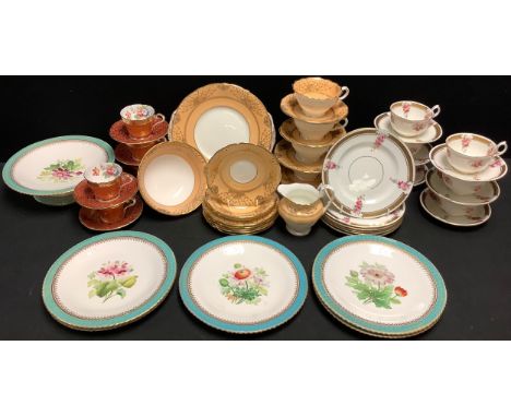 An Aynsley part coffee service, the interior printed with flowers, the exterior with gilt foliate scrolls on a burnt orange g