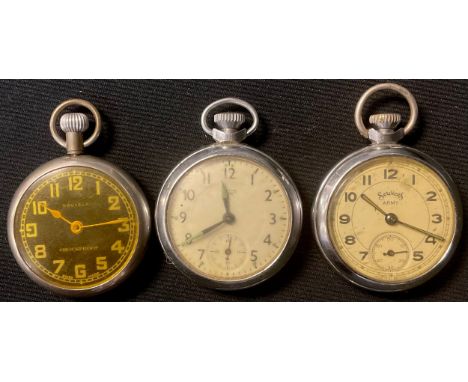 A black faced pilots pocket watch; another; an Army pocket watch (3) 