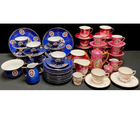 A Czechoslovakia coffee service, printed with three oval on a blue ground, printed marks;  two  Royal Copenhagen teacups and 