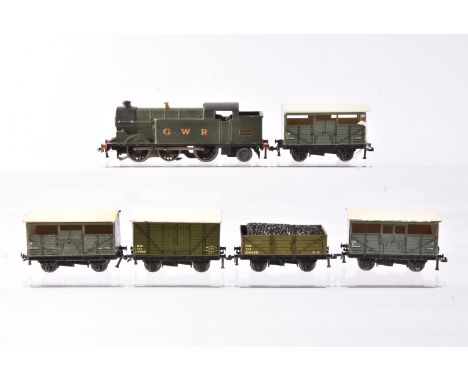 Hornby-Dublo OO Gauge 3-Rail early post-war GWR green 0-6-2T and wagons, 6699, VG, wagons, Cattle Truck (3), Van and open Tru