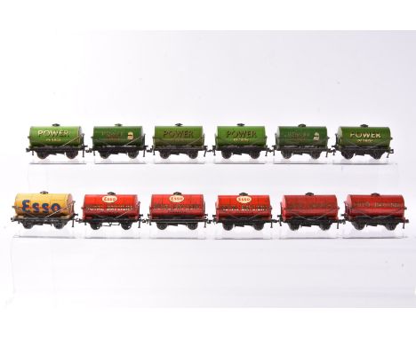 Hornby-Dublo OO Gauge 3-Rail Tank wagons,  green Power Ethyl with Hand (2), without Hand (4, one in poor box), buff Esso, Roy