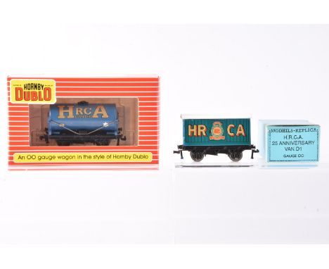 HRCA repainted Hornby-Dublo OO Gauge 2 and 3-Rail Tank wagon and Van, Modhills models HRCA 25th Anniversary 3-Rail blue van, 