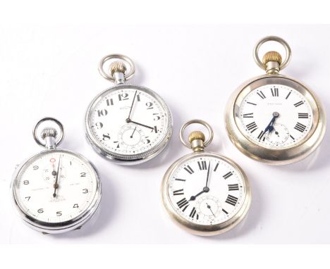 Railway Pocket Watches, four examples, a Record with Swiss made movement, in silver plated case with enamelled dial, engraved