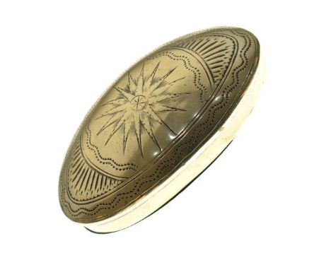 Edwardian nickel plated Welsh miner's snuff box of oval form having allover engraved decoration and script 'Henry Rees, Upper
