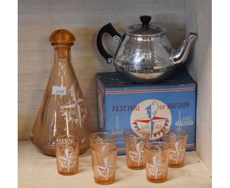 Transfer printed peach glass liqueur set commemorating the Festival Of Britain and comprising decanter and six glasses togeth