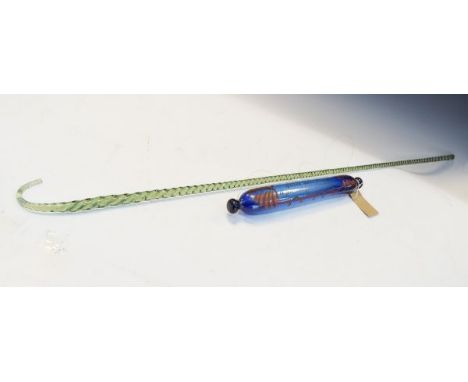 19th Century Nailsea type pale green glass barley twist crook together with a 19th Century blue glass rolling pin with painte