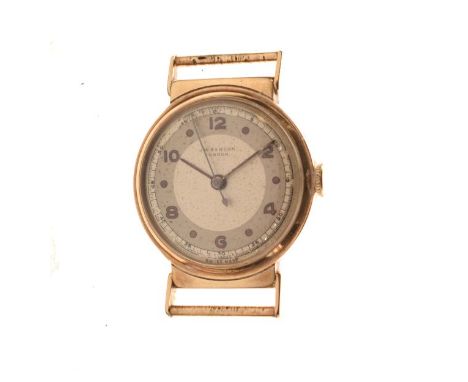 J W Benson 9ct gold cased wristwatch having off-white dial with grey chapter ring and Arabic numerals, centre seconds and art