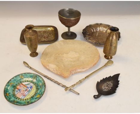 Chinese carved coconut cup, carved mother-of-pearl shell, pair of brass vases etc   Condition: 
